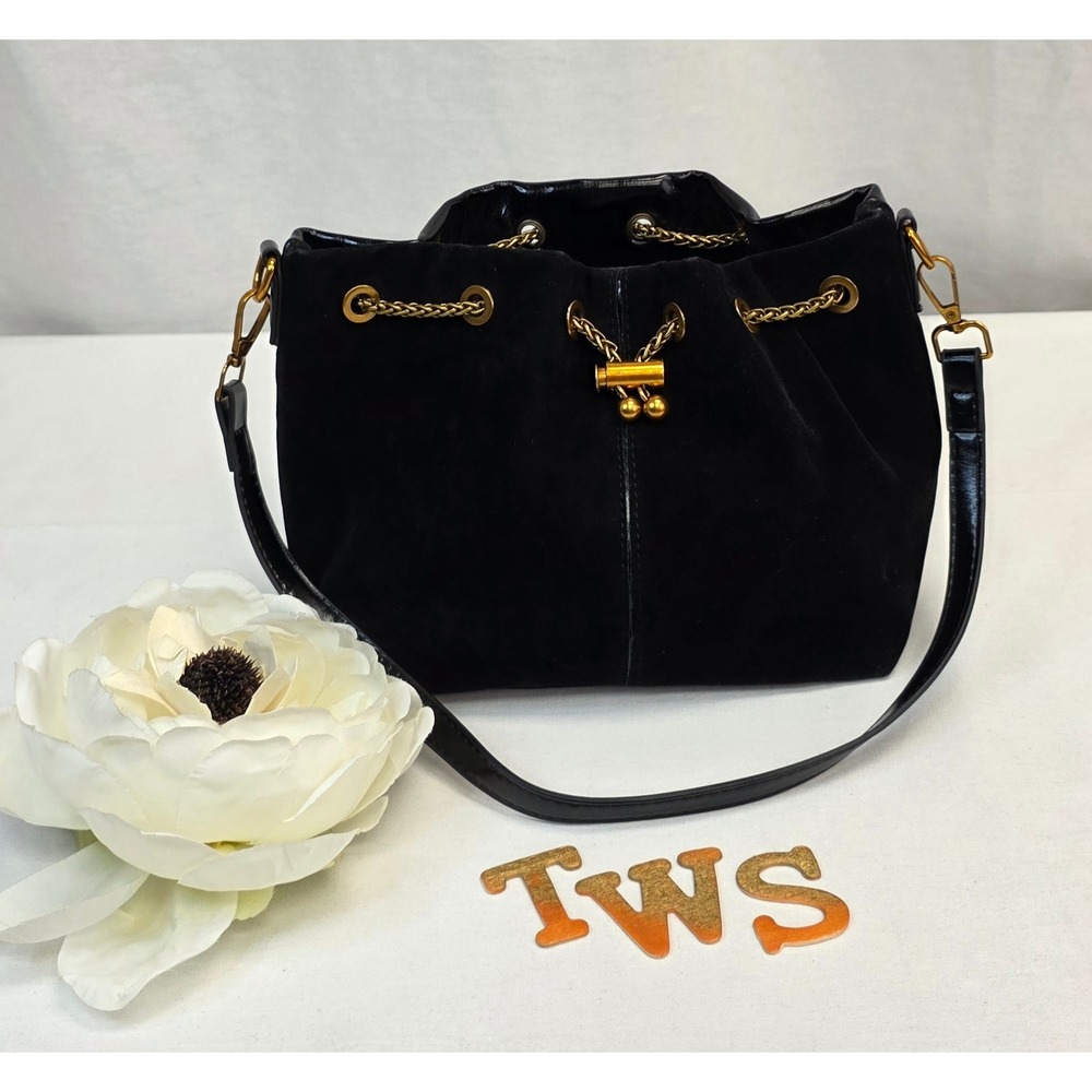 Unbranded Black Suede‎ and Patent Leather Bucket Bag Gold Chain Drawstring Small